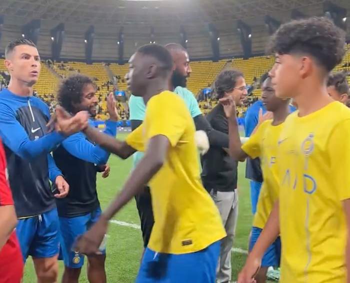 Cristiano Ronaldo (left) pictured shouting at son Cristiano Jr (right) at Al Nassr's Al-Awwal Park stadium in February 2024